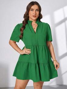 SHEIN Essnce Plus Size Women's Summer Elegant Sage Green V-Neck Short Sleeve Dress,Smart Casual Vacation Outfits,Old Money Style Church Office Work Brunch Dress - Fresh Green - View 5