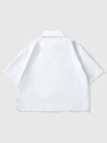 ROMWE MEN 男士短袖衬衫，宗教信仰印花+黑色领带设计，开襟纽扣休闲衬衫，学院风和街头风夏季必备上衣 - 黑與白 - 查看 2