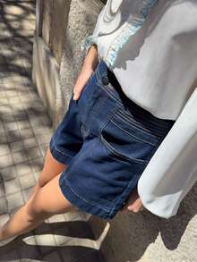 Nöista Quần short denim cạp cao có khóa cài đôi và đường may tỉ mỉ. Hai túi phía trước và phía sau. Thích hợp cho mùa xuân, hè, nữ. - Rửa tối - Xem 5