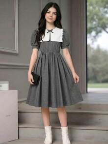 SHEIN 少女优雅返校季蝴蝶结撞色A字公主裙，适合春季假期、度假、派对、返校、假日家庭户外春季野餐、日常穿着 - 深灰色 - 查看 4