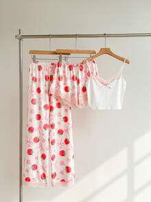 SHEIN 3pcs Set Piyama Wanita Camisole Renda Motif Stroberi Manis - MultiWarna - View 3