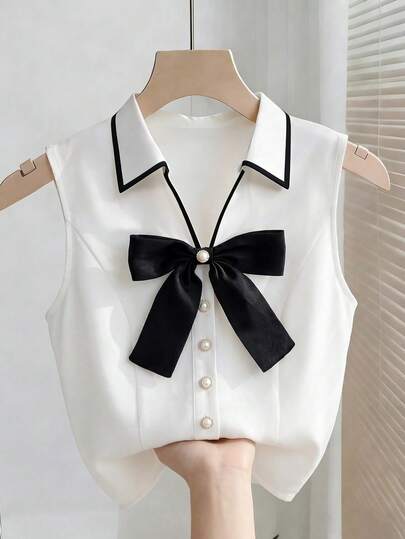 Franclia Áo sơ mi nữ không tay phối nơ đen trắng tương phản