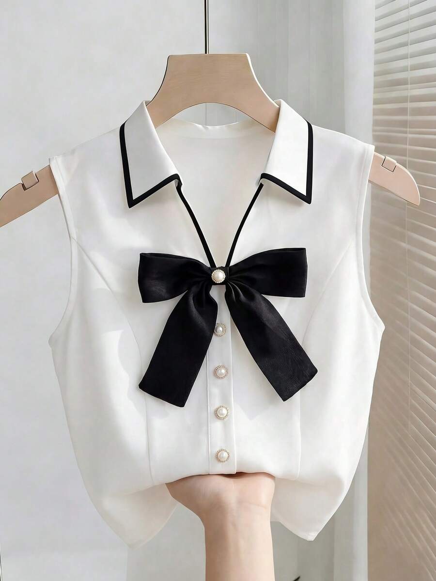 Franclia 女士黑白撞色蝴蝶结无袖衬衫 - 白色 - 查看 1