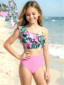 Bộ đồ bơi bikini xếp nếp in hoa bãi biển mùa hè cho bé gái tuổi teen kèm váy che lưới in họa tiết - Nhiều màu - Xem 4