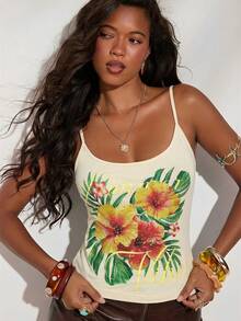 SHEIN BAE Tropical Floral Print Rhinestone Embellished Sleeveless Camisole Top, Suitable For Beach, Casual, Holiday, Music Festival - Apricot - View 4