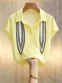 Franclia Versatile Casual Bat Wing V-Neck Printed Scarf Tie Blouse, Beige, Short Sleeve, Loose Fit, Suitable For Spring/Summer Office Commute - Light Yellow - View 3