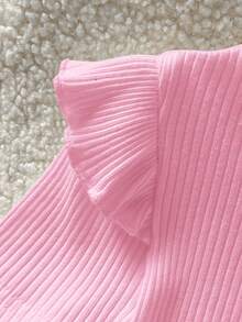 Cozy Pixies Baby Girl Solid Color Soft Knit Ruffled Crew Neck Short Sleeve Top - Watermelon Pink - View 3