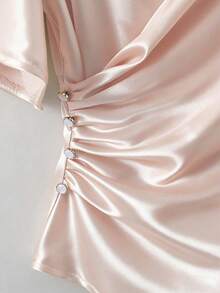 Franclia Blusa de satén elegante, blusa de manga corta, blusa de cuello en V, blusa casual - Rosa - Ver 6