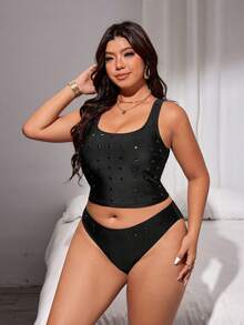 SHEIN Swim كامي صيفي أنيق بياقة على شكل حرف U مطابق للحجم الكبير، مزين بالزوايا المعدنية - قهوة بني - مشاهدة 3