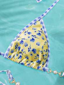 Swim Vcay 女士夏季沙滩罗纹滚边挂脖式超三角比基尼泳衣 - 彩色 - 查看 4