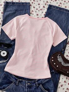 SHEIN Retro European And American Y2K Style Striped Short-Sleeved T-Shirt For Girls And Teenagers, New Summer Style, V-Neck, Button-Down, Raglan Sleeves - Pink - View 2
