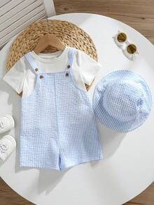 SHEIN Bộ 2 món cho bé trai gồm yếm và mũ tai bèo, trang phục thường ngày mặc ở nhà, đi nghỉ mát, đi biển. - Nhiều màu - Xem 7