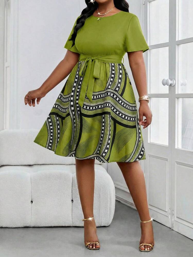 SHEIN Lady Spring And Summer Elegant Commuting Office Casual Boho Woven Knitted Round Neck Flared Belted Midi Short Sleeve Plus Size Dresses - Olive Green - View 4