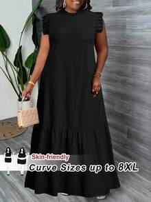 SHEIN CURVE+ Curve 尺码 US22 音乐节、海滨度假、波西米亚风 2026 加大码 女装 春夏新款 度假风 优雅日常休闲 宽松 干净 色卡 蓝色 编织纹理面料 无袖 荷叶边拼接 荷叶边拼接 立领 女装 加大码 长裙 春夏 - 黑色 - 查看 1