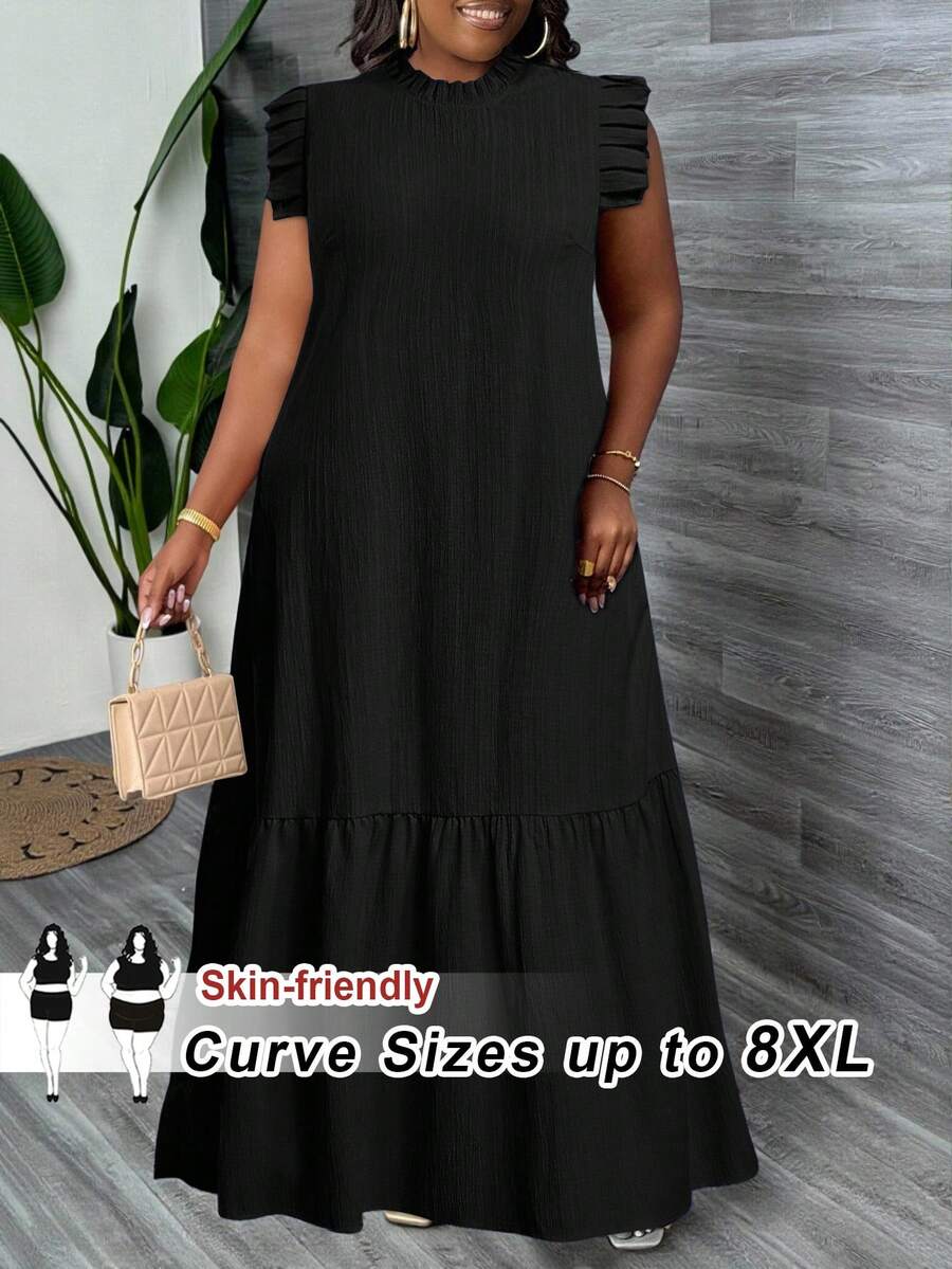 SHEIN CURVE+ Curve 尺码 US22 音乐节、海滨度假、波西米亚风 2026 加大码 女装 春夏新款 度假风 优雅日常休闲 宽松 干净 色卡 蓝色 编织纹理面料 无袖 荷叶边拼接 荷叶边拼接 立领 女装 加大码 长裙 春夏 - 黑色 - 查看 1