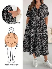 SHEIN Essnce 大码女式豹纹V领短袖休闲连衣裙 - 彩色 - 查看 1