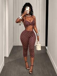 BamGleam 女士波点印花褶皱露背短款上衣和七分裤两件套 - 棕色 - 查看 5