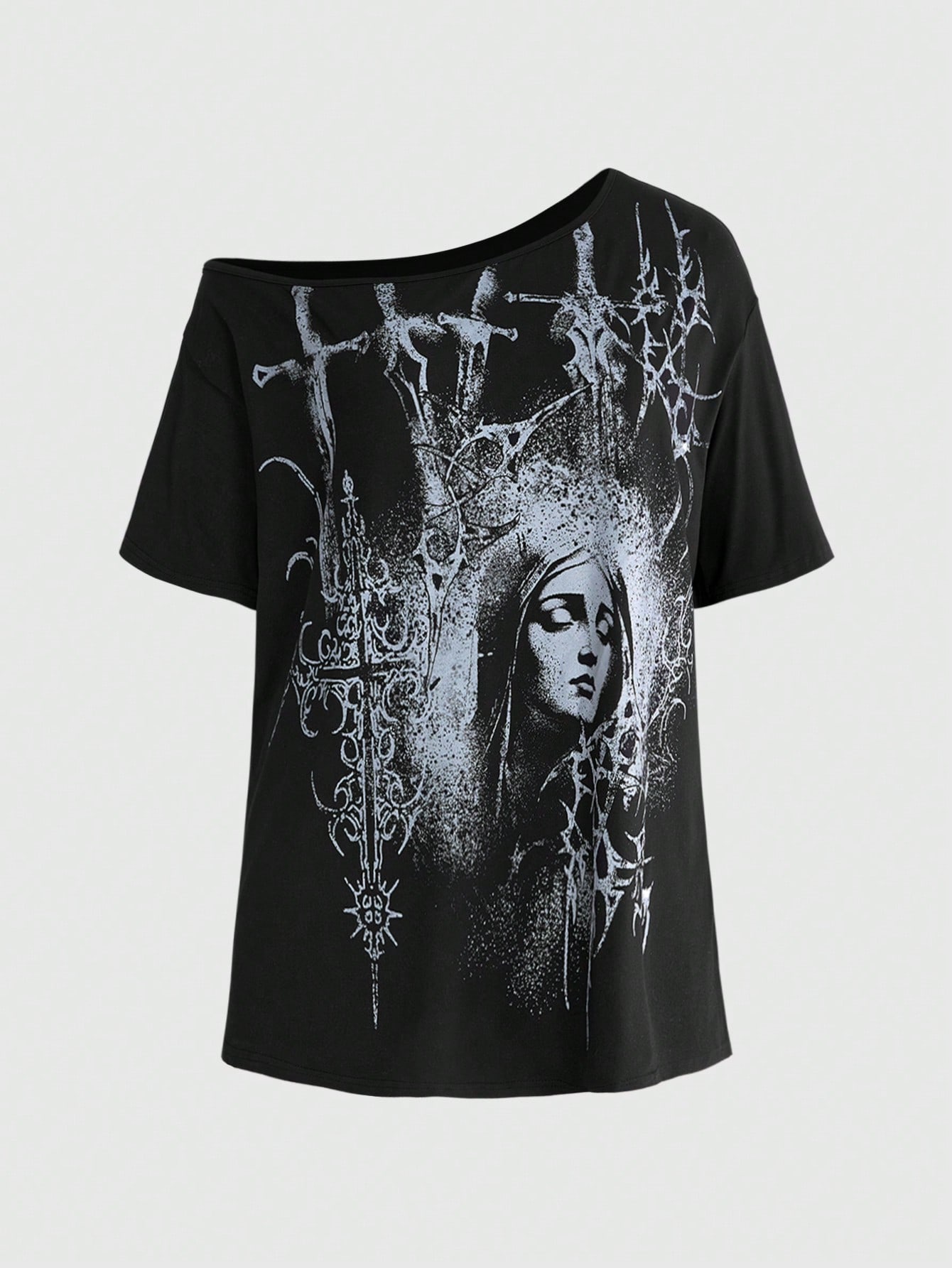 Our Punk Gothic Plus Size Loose Single Shoulder T-Shirt With