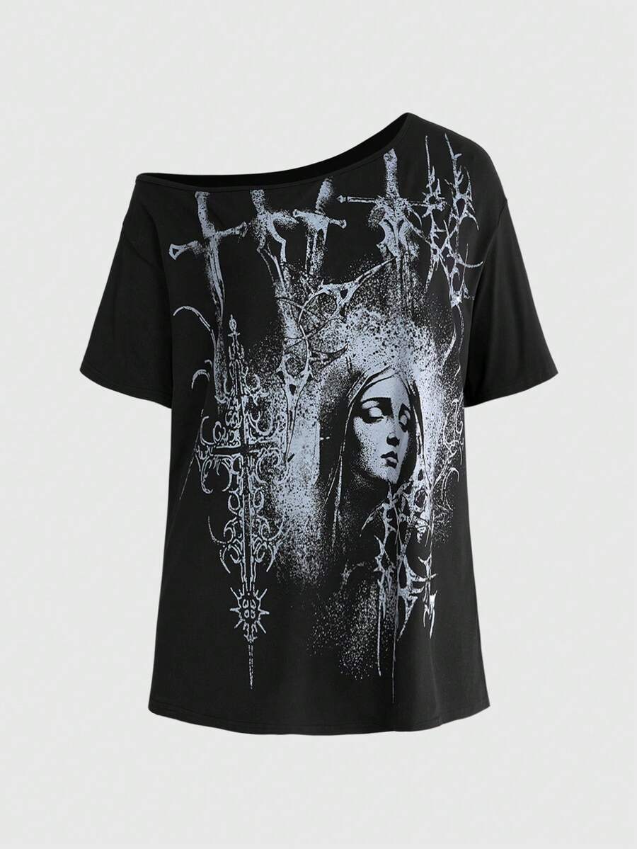 ROMWE Punk Gothic Plus Size Loose One Shoulder T-Shirt With Vintage Print Of Virgin Mary Sword And Thorns - Black - View 1