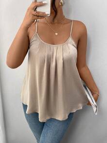 SHEIN Frenchy Plus Size Women Pleated Casual Gold A-Line Camisole - Gold - View 2