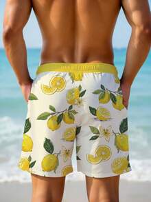 Genlund Nuevos shorts de verano para hombres con estampado de limón, cintura elástica con cordón y bolsillos, shorts bermudas casuales con estampado de frutas, ideales para la playa, vacaciones, surf, y uso versátil en deportes casuales y natación en la playa - Multicolor - Ver 2