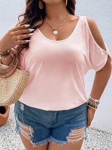 Plus Size Women Solid Color Off Shoulder Short Sleeve Casual T-Shirt - Baby Pink - View 4