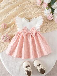 Loomiva Newborn Baby Girl Contrast Color Bow Soft Round Neck Ruffle Hem Cinched Waist Dress - Multicolor - View 5