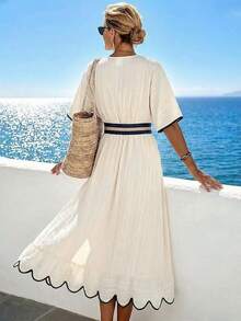 Women's Summer Bohemian Style White Contrast Trim Ruffle Casual Summer Beach Dress - Beige - View 2