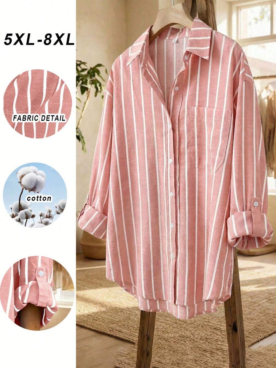 SHEIN CURVE+ 大码女式粉色条纹长袖衬衫，休闲度假通勤外出约会装 - 粉色 - 查看 1