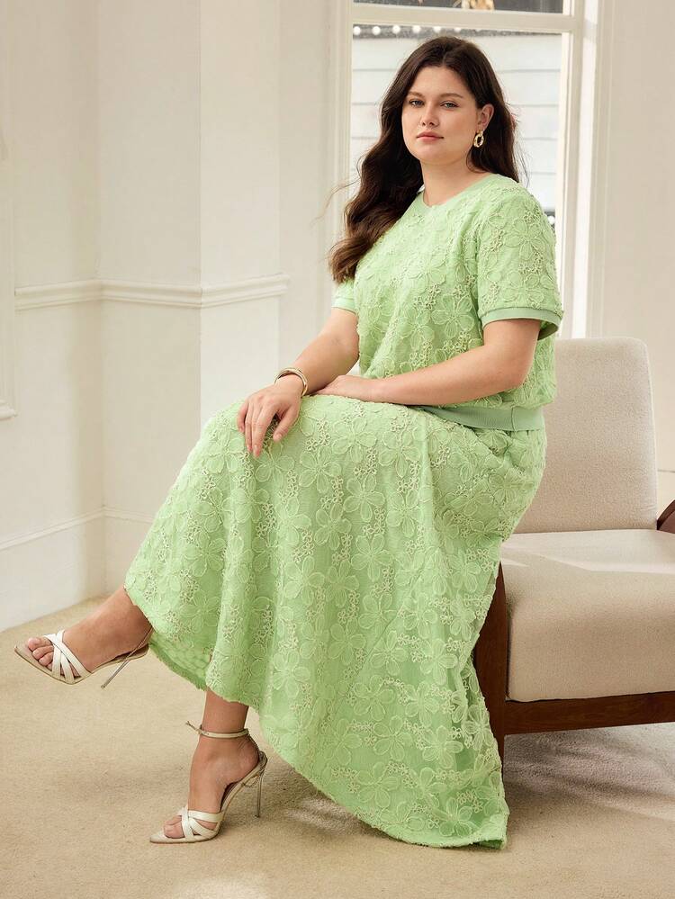 PLUS SIZE WOMEN'S SPRING/SUMMER MESH A-LINE EMBROIDERED SKIRT