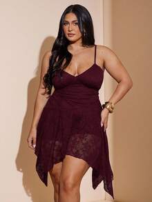 SHEIN BAE Vestido asimétrico de encaje para mujer de talla grande - Burdeos - Ver 2