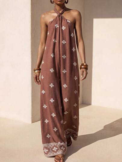 Zivah 2026 Spring/Summer New Music Festival, St. Patrick's Day, Valentine's Day, Date, Western, Nomadic Style, Birthday Party, Graduation, School, Daily Casual, Basic Matching, Leisure, Cruise Travel, Beach, Sunbathing, Viral, Streetwear, Wedding Guest, Boho, Commute, Brunch, Airport, Party, Holiday Outings, Office Wear, Leisure Vacation, Vintage, Olive Green Faux Embroidery Halter Backless Jumpsuit