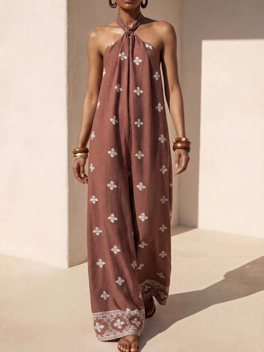 Zivah 2026 Spring/Summer New Music Festival, St. Patrick's Day, Valentine's Day, Date, Western, Nomadic Style, Birthday Party, Graduation, School, Daily Casual, Basic Matching, Leisure, Cruise Travel, Beach, Sunbathing, Viral, Streetwear, Wedding Guest, Boho, Commute, Brunch, Airport, Party, Holiday Outings, Office Wear, Leisure Vacation, Vintage, Olive Green Faux Embroidery Halter Backless Jumpsuit - Army Green - View 1