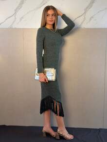 1件女士纯色圆领长袖修身流苏下摆连衣裙，简约设计长款晚礼服 - 墨綠色 - 查看 6