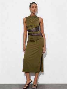 Gossip Girl X SHEIN SHEIN Maija Đầm midi không tay ôm dáng xếp ly thời trang nữ - Nhiều màu - Xem 4