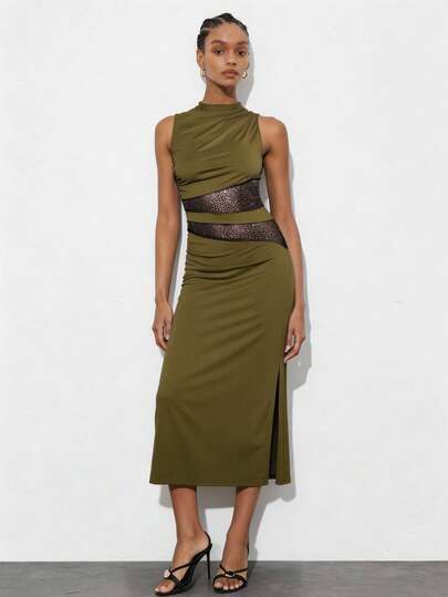 Gossip Girl X SHEIN SHEIN Maija Đầm midi không tay ôm dáng xếp ly thời trang nữ