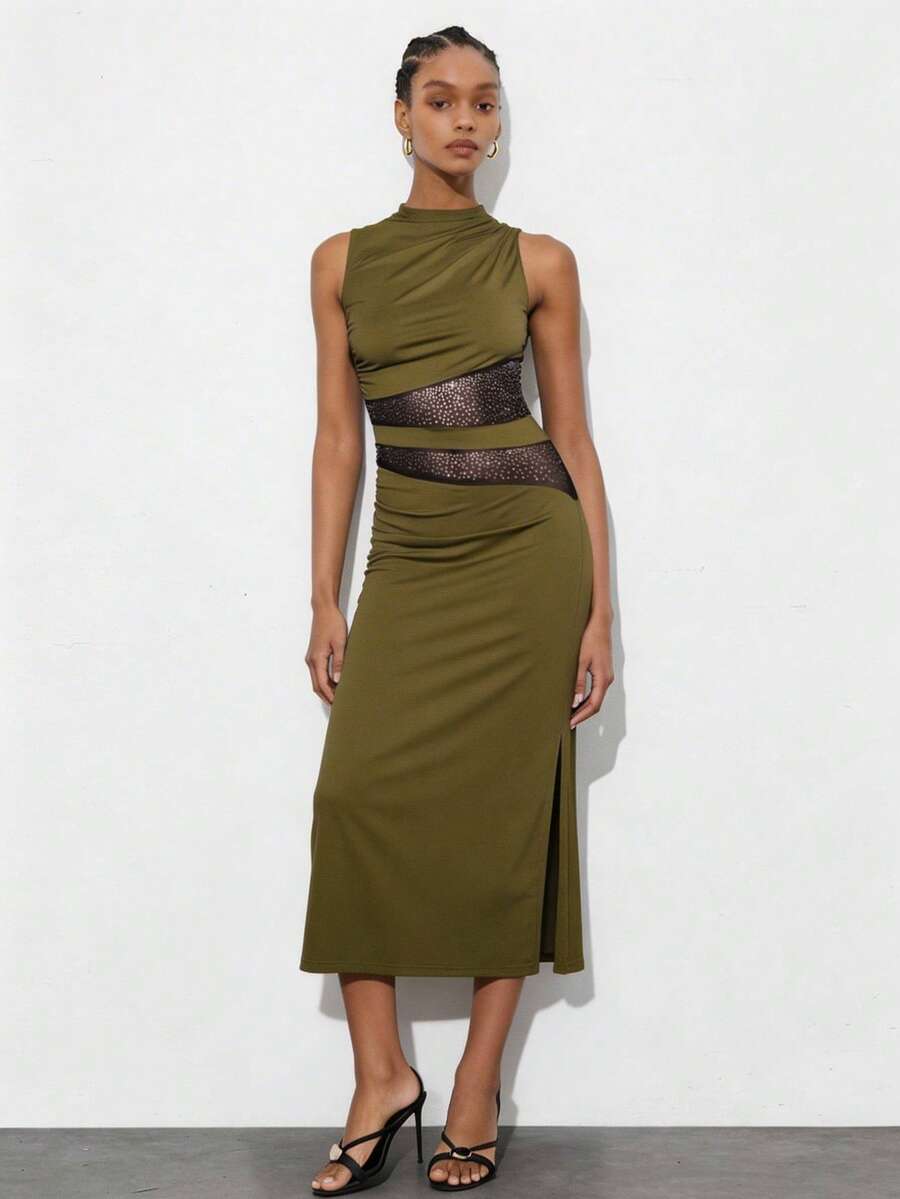 Gossip Girl X SHEIN SHEIN Maija 女士时尚褶皱修身无袖中长连衣裙 - 彩色 - 查看 1