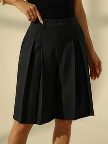 SHEIN PETITE 女士休闲宽松阔腿裤，纯色，适合夏季、都市通勤、商务休闲、办公室穿着、教师穿着。 - 黑色 - 查看 6