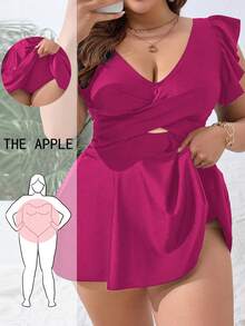 SHEIN Swim Curve Summer 2pcs Plus Size Women Elegant Solid Color Tie-Waist Ruched Tankini Swimsuit Set, Flattering & Casual For Holiday - Hot Pink - View 1