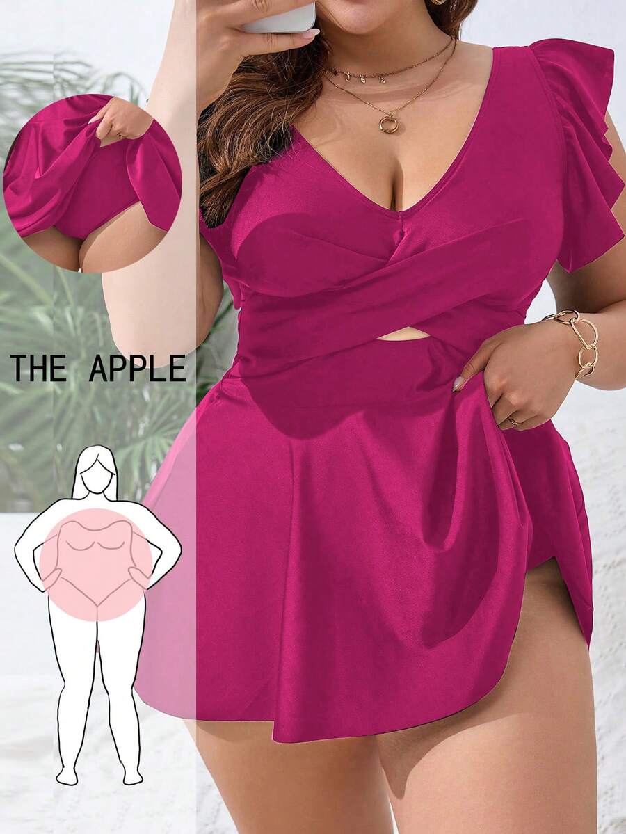 SHEIN Swim Curve Summer 2pcs Plus Size Women Elegant Solid Color Tie-Waist Ruched Tankini Swimsuit Set, Flattering & Casual For Holiday - Hot Pink - View 1
