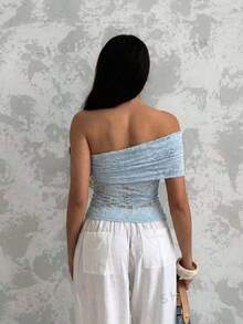 Glamine 女士夏季度假风，优雅不对称领口单肩褶皱修身蓝色蕾丝衬衫，无袖上衣 - 藍色 - 查看 3