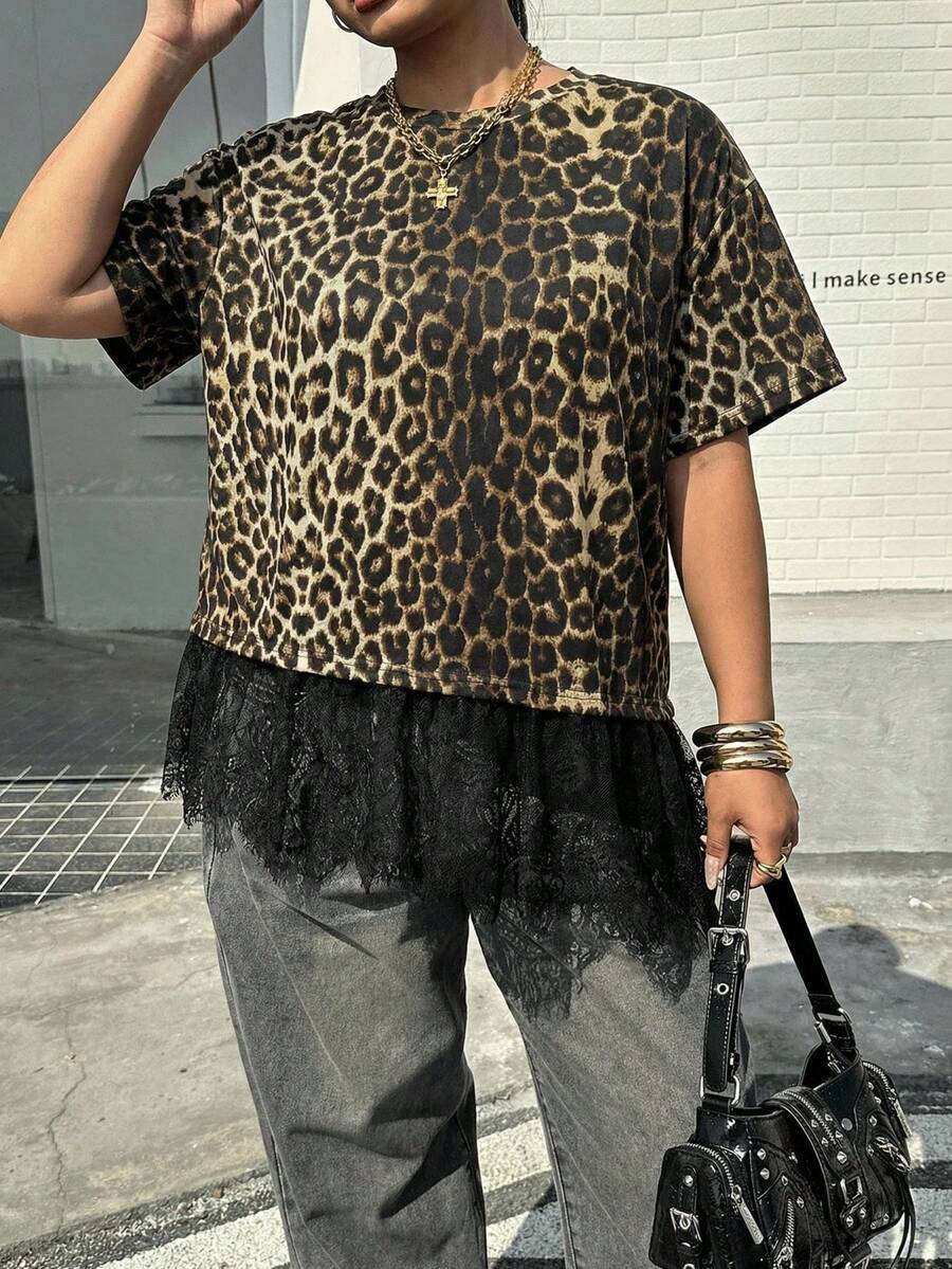 Muchica 休闲简约豹纹不对称下摆荷叶边宽松圆领短袖T恤，适合夏季和音乐节穿着。 - 彩色 - 查看 1