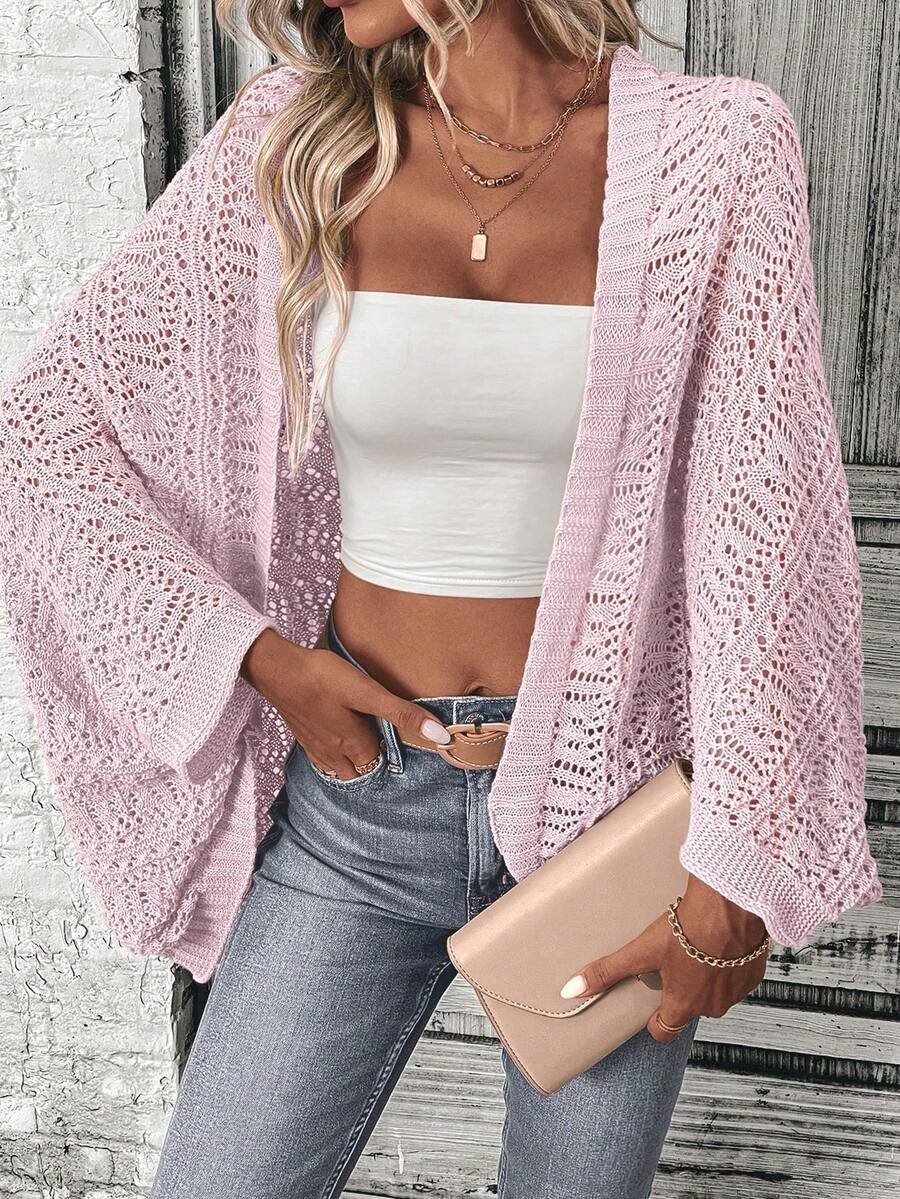 SHEIN LUNE Casual Solid Color Batwing Sleeve Openwork Knit Cardigan - Pink - View 1