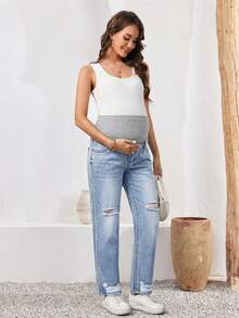 SHEIN Maternity Distressed Light Blue Straight Leg Jeans,Women's Summer Smart Casual Everyday Denim Pants With Elastic Waistband And Ripped Details - Light Wash - View 3
