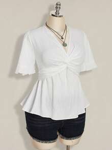 SHEIN ICON 大码女式纯色扭结纹理荷叶边袖上衣 - 白色 - 查看 4