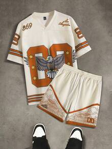 Manfinity Campus Court Men's Eagle Print Short Sleeve T-Shirt And Shorts Casual Suit - Apricot - View 1