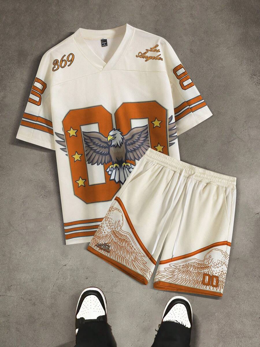 Manfinity Campus Court Men's Eagle Print Short Sleeve T-Shirt And Shorts Casual Suit - Apricot - View 1