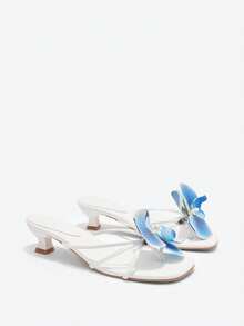 新款3D蓝色花朵装饰高跟凉鞋，优雅低跟高跟鞋，适合海滩、派对、约会和婚礼季，可搭配比基尼、连衣裙，夏季时尚优雅高跟凉鞋，新娘高跟鞋，人字拖 - 白色加藍色花 - 查看 9