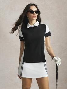 Activina 女士撞色 Polo 领短袖高尔夫球衫 - 黑與白 - 查看 8