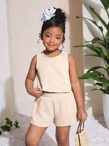 Young Girl Casual Texture Fabric Vest And Shorts Set - Apricot - View 3